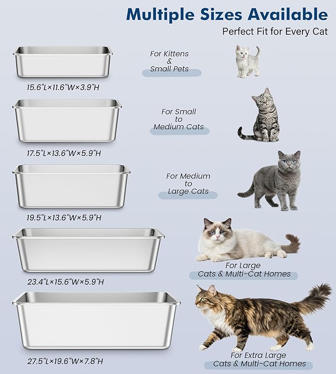 Stainless Steel Litter Box, Large Cat Litter Box with High Sides, Odor-Free, Non-Stick, Easy to Clean, 19.5"×13.6"×7.8", Ideal for Medium to Large Cats, Litter Tray