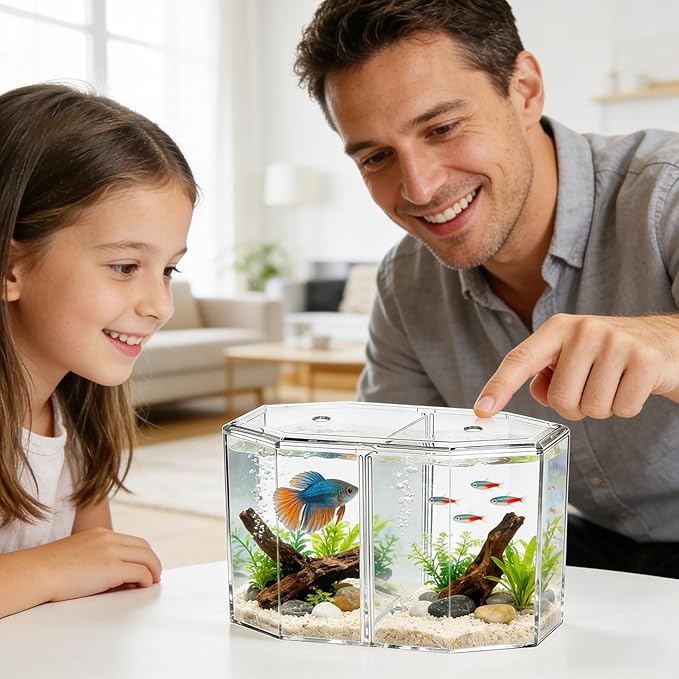 ERINGOGO Octagonal Acrylic Fish Breeding Tank Divider Box, High Transparency Dual-Compartment Isolation Hatchery for Betta and Small Tropical Fish, Aquarium Supply for Desktop Micro