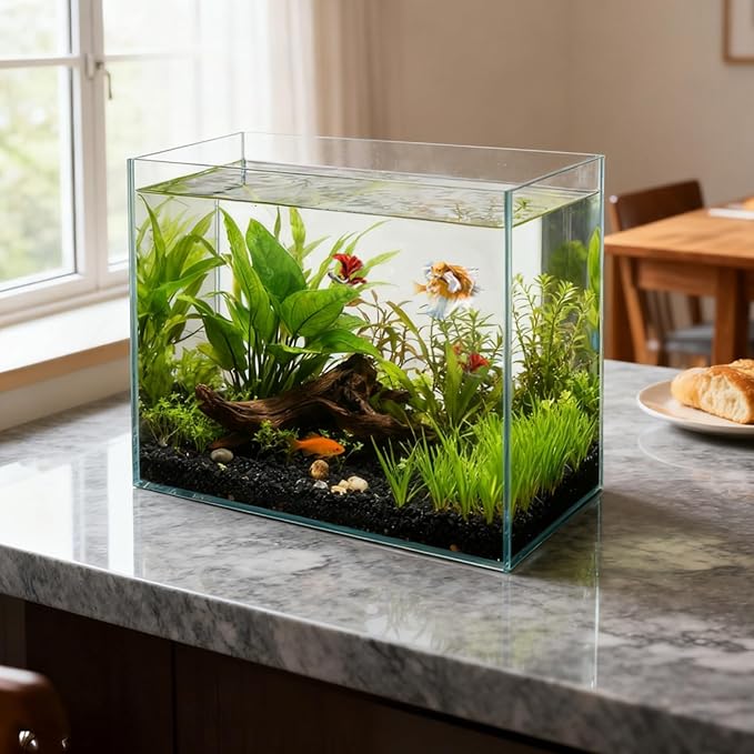 3 Gallon Glass Fish Tank, Small Betta Fish Aquarium, Ultra Clear Rectangular Glass Bowl for Shrimp, Mini Desktop Aquatic Planting Cube for Goldfish Snails, Easy to Clean