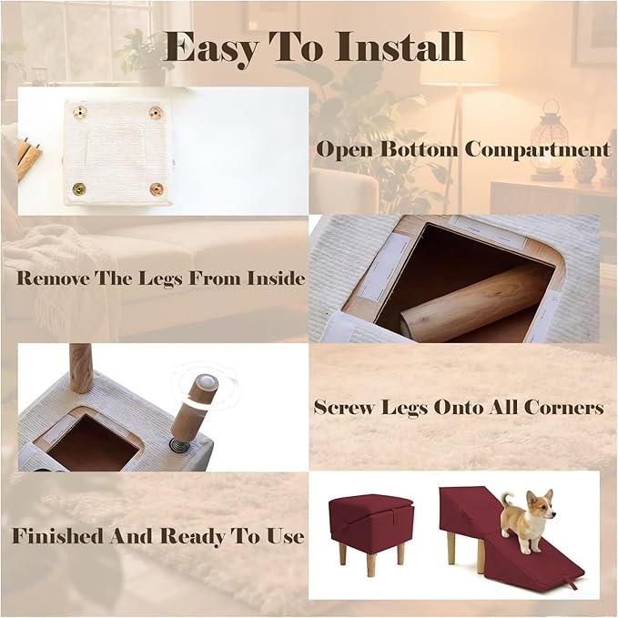 Split Ottoman Dog Ramp for Couch and Low Bed, 2-in-1 Foldable Dog Stairs for Small Dogs and Cats, Wooden Pet Ramp with Non-Slip Surface, Portable Step Stool Design, Claret