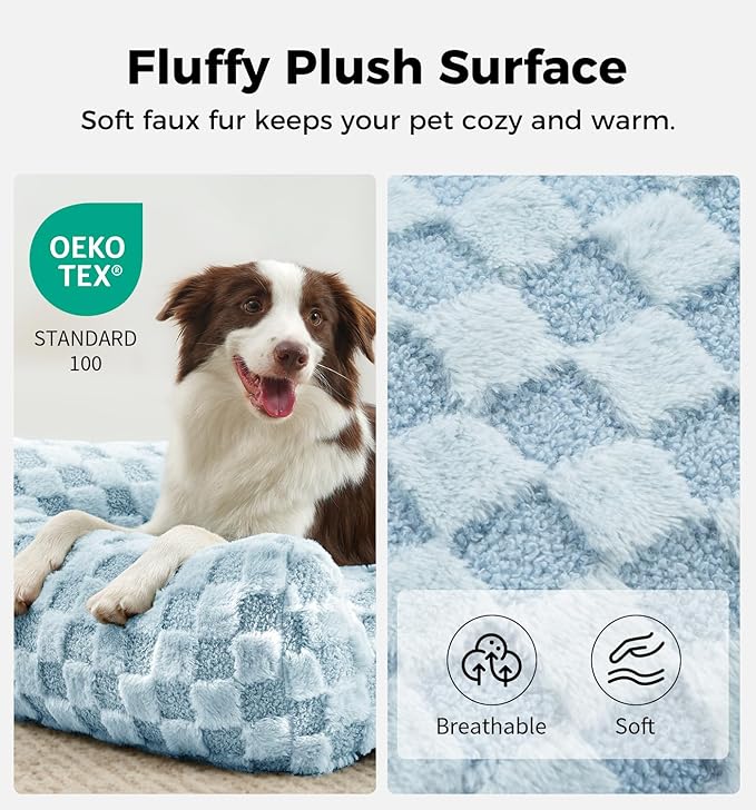 Made4Pets Cat Beds for Indoor Cats, Cat Couch Bed, Soft Faux Fur Checkered Pet Sofa, Calming Fluffy Kitten Sofa with Supportive Foam, Removable Washable Cover with Non-Slip Base, Sky Blue, Small