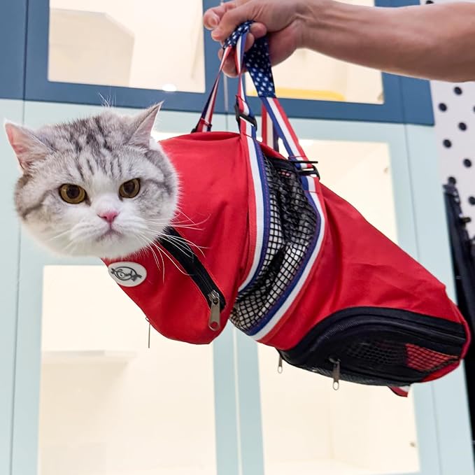 Cinf Cat Nail Clipping Cleaning Grooming Restraint Bag （Free Muzzle） No Scratching Biting for Bathing Nail Trimming Injecting Examining((Red USA Flag,M)