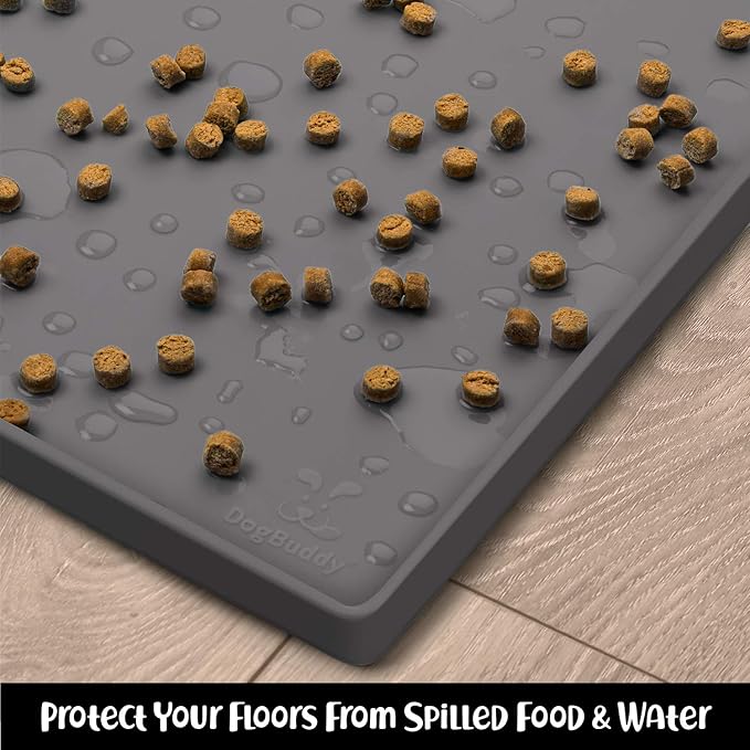 DogBuddy Dog Food Mat – Waterproof Dog Bowl Mat for Food and Water, Silicone Pet Feeding Mats for Floors, Non-Slip Placemat with High Edges for Dogs Bowls, Puppy Essentials (Small: 19"x12", Shadow)