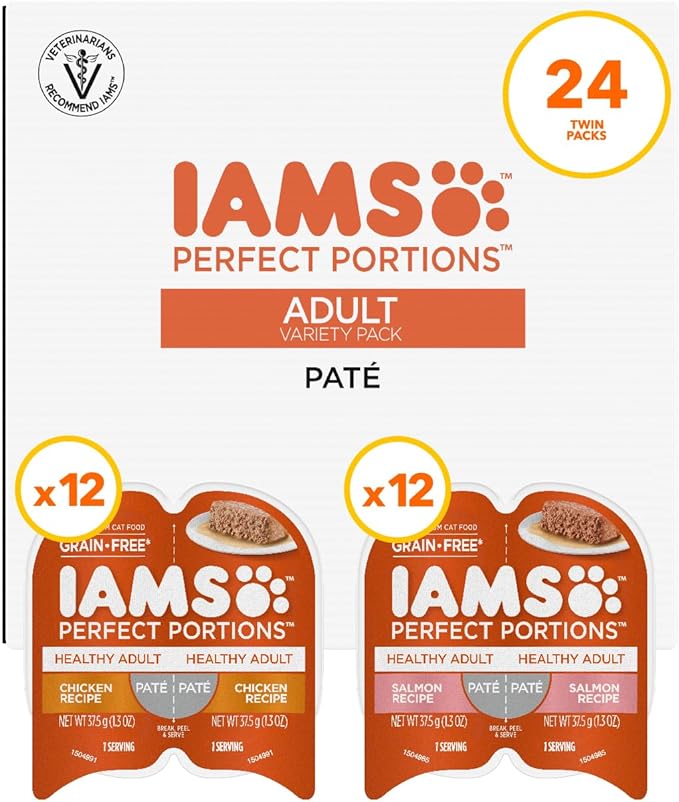 IAMS Perfect Portions Sensitive Digestion & Skin Wet Cat Food Pate, Healthy Adult Grain Free Pate, Chicken and Salmon Recipes, (24) 2.6 oz. Variety Twin-Pack Trays