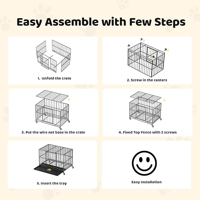 42 Inch Heavy Duty Dog Crate, Indestructible Escape-Proof Dog Kennel for High Anxiety Large Dogs, Strong Metal Pet Cage with Double Doors, Lockable Wheels & Removable Tray, XL XXL XXXL