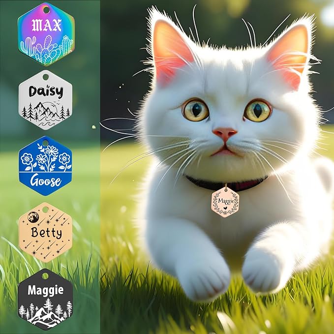Personalized Pet ID Tags, Customizable Hexagon, Bone and Round Shapes, Multiple Designs with Mountain, Floral, and Night Sky Patterns, Stainless Steel Dog and Cat Tags (Hexagon)
