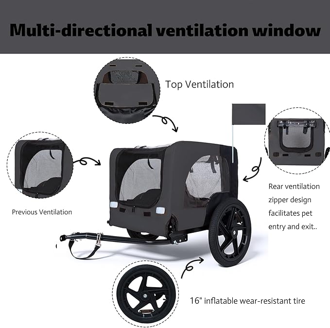 Anwick Dog Bike Trailer, Heavy Duty Dog Trailer for Bicycle, Cart Pet Bike Carrier with 3 Doors, 16" Wheels, Flag, Collapsible to Store, Pet Cart Bicycle Carrier for Small and Medium Pets
