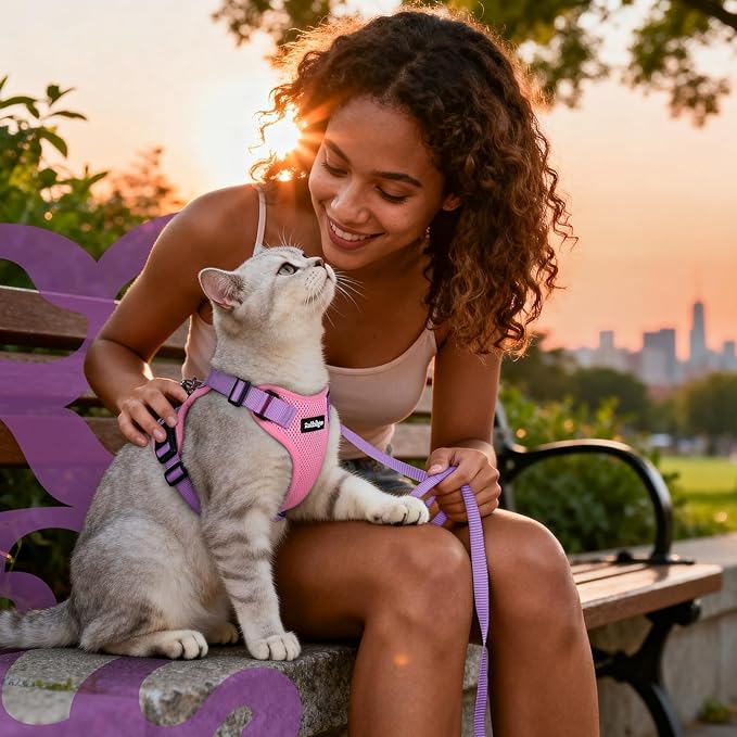 rabbitgoo Cat Harness and Leash for Walking, Escape Proof Soft Adjustable Vest Harnesses for Cats, Easy Control Breathable Reflective Strips Jacket, Pink & Purple, M