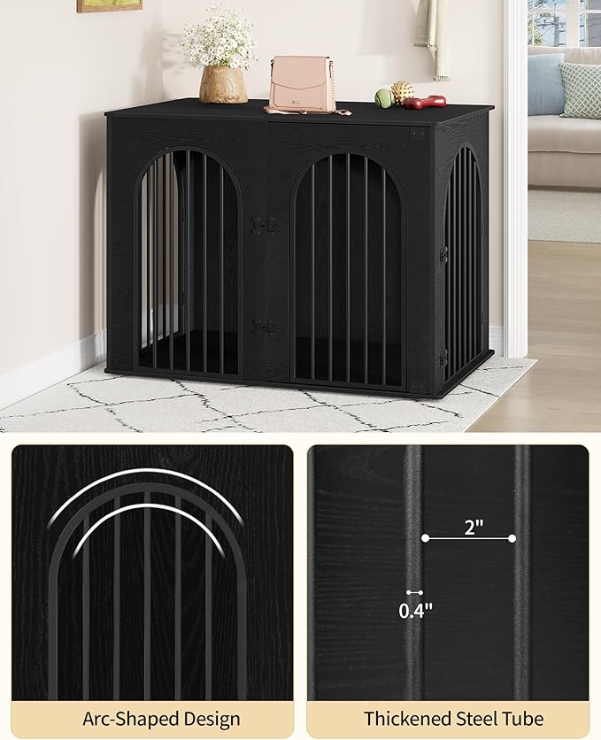 44.1" Wooden Dog Crate Furniture, Indoor Dog Kennel Dogs Cage for Small/Medium/Large Dogs, Heavy Duty Dog Crates Decorative Pet House End Side Table TV Stand, Black DFC83904B