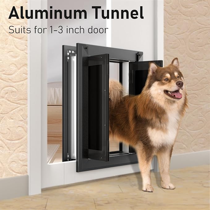 Aluminum French Large Dog Door, Heavy-Duty with Strong Double Magnetic Flaps & Aluminum Telescoping Tunnel, for Large/Medium Dogs Up to 110LBS - Black