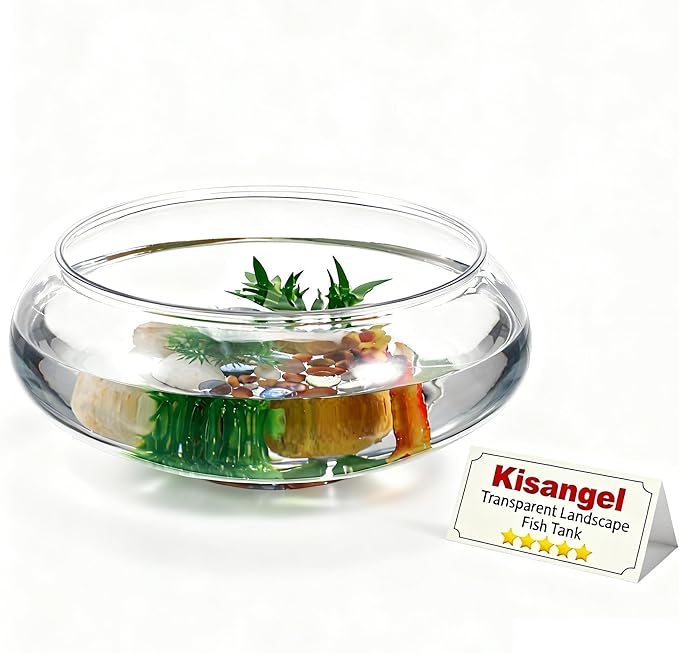 Kisangel Transparent Landscape Fish Tank 9.53 Inch Shallow Aquarium Clear Plastic Desktop Fish Bowl for Goldfish Turtles Home Office Decor