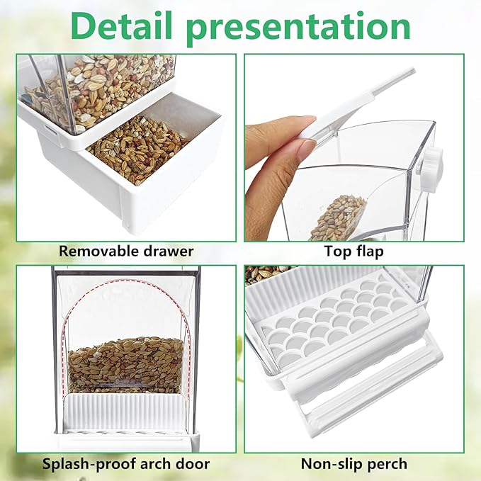 Hamiledyi 2Pcs Automatic Birds Feeder No Mess Bird Cage Feeder Transparent Acrylic Parrot Seed Food Container with Perch Bird Cage Accessories for Parakeet Finch Lovebirds Budgies Canary (White)