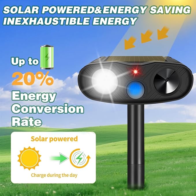 Solar Ultrasonic Animal Repeller Racoon Sonic Fortress Pro Cat Repellent Outdoor, Dog Repellent for Yard with Motion Sensor&Flash Light to Scare Deer Rabbit Coyote Squirrel Out of Garden Farm(4Pack)