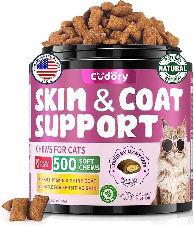 Omega 3 for Cats - 500 Skin & Coat Health Crunchy & Creamy Chews with Omega 3, Biotin & Vitamin E for Healthy Skin, Shiny Fur, Cat Supplements & Vitamins -Chicken Flavor