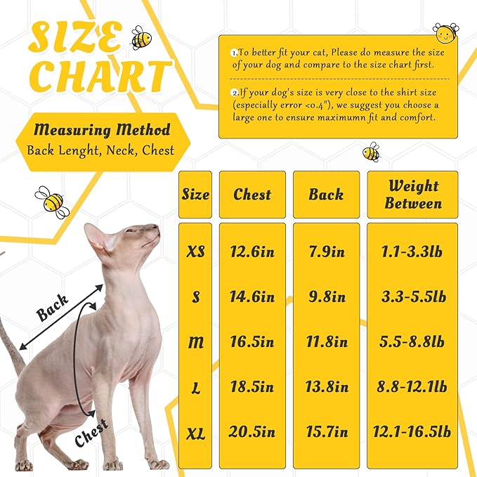 QBLEEV Sphynx Cat Clothes Honeybee, Cat Costumes for Cats Only, Hairless Cat Sweaters Warm Kitten Pullover Shirt, Cat's Pajamas Jumpsuit Apparel, Cat Outfits for Male Female Cats