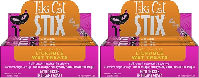 Tiki Cat Stix Mousse Treats,Single Serve Indulgent Lickable Treat or Dry Food Topper,with Chicken in Creamy Gravy,0.5 oz. Servings,(Pack of 40)