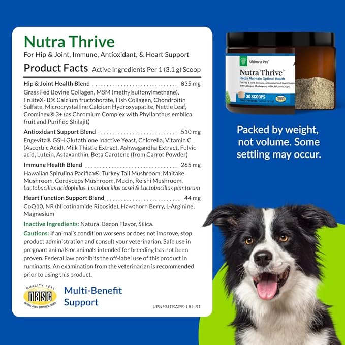 Ultimate Pet Nutrition Nutra Thrive Canine, 40-in-1 Nutritional Powder Supplement for Dogs with Digestion and Immune Support, Vitamins, Minerals, Probiotics, Enzymes, 30 Scoops