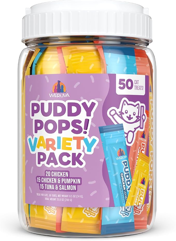 Weruva Puddy Pops, Lickable Cat Treats Variety Pack, 0.5oz Tube, Pack of 50