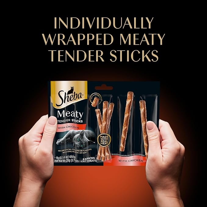 Sheba Meaty Tender Sticks Chicken Cat Treats,Chicken Flavor,Cat Snacks,0.14 oz.,(100 Sticks Total),5 Count (Pack of 20)