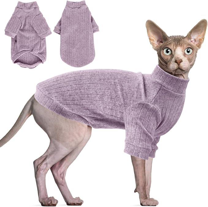 Idepet Sphynx Hairless Cats Sweater Shirt Kitten Soft Puppy Clothes Pullover Cute Cat Pajamas Jumpsuit Cotton Apparel Pet Winter Turtleneck for Cats and Teacup Chihuahua Small Dogs(Purple,M)