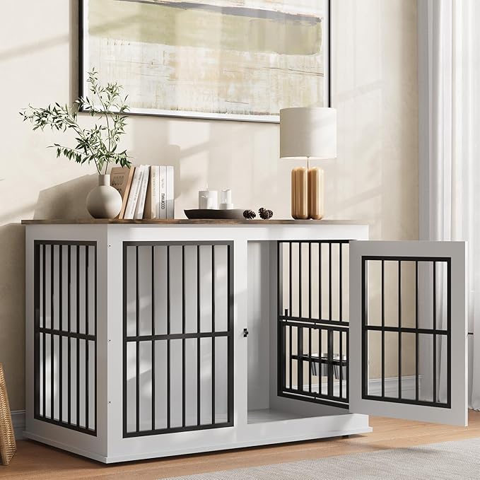 Dog Crate Furniture, 39.7" White Wooden Kennel, Heavy Duty Indestructible Dog Cage with Liftable Top Panel, Decorative Pet Crate House End Table TV Stand for Large Breed Medium Small High Anxiety Dogs