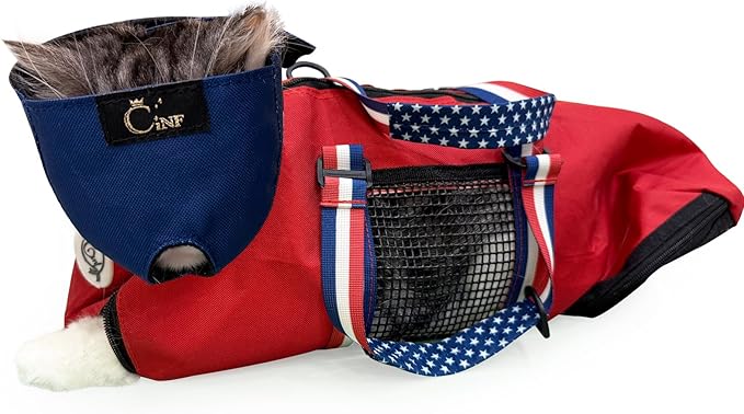 Cinf Cat Nail Clipping Cleaning Grooming Restraint Bag （Free Muzzle） No Scratching Biting for Bathing Nail Trimming Injecting Examining((Red USA Flag,M)