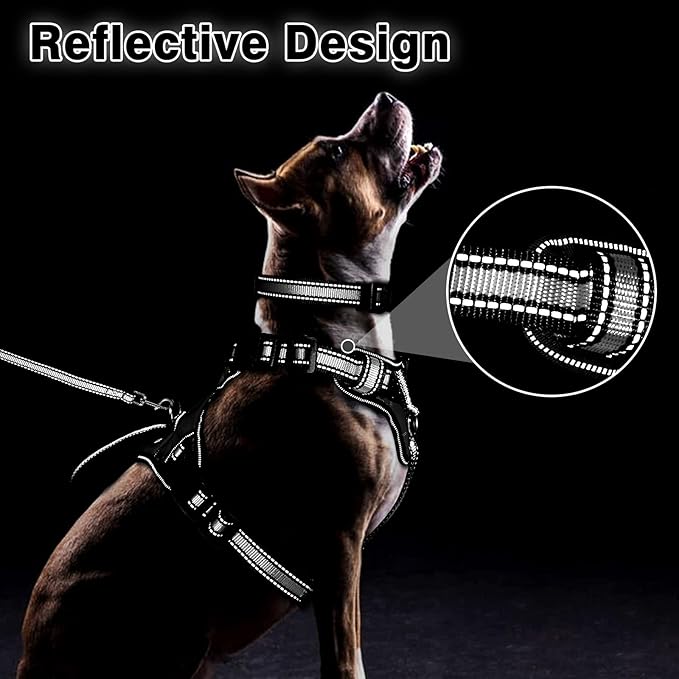 WINSEE Pet Harness Collar and Leash Set, All-in-one Reflective Dog Harness No Pull with Adjustable Buckles for Puppies, Small, Medium, Large, and Extra-Large Dogs (X-Large, Black)