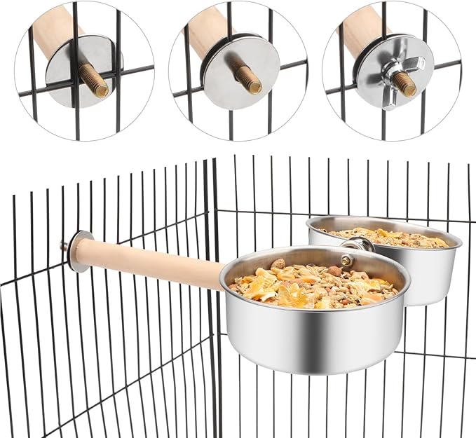 Bird Wood Stand Perch with Food Water Feeding Bowl for Parrot Parakeet Cockatiel Cage Accessories (B: Perch with 2 Feeder Bowls)