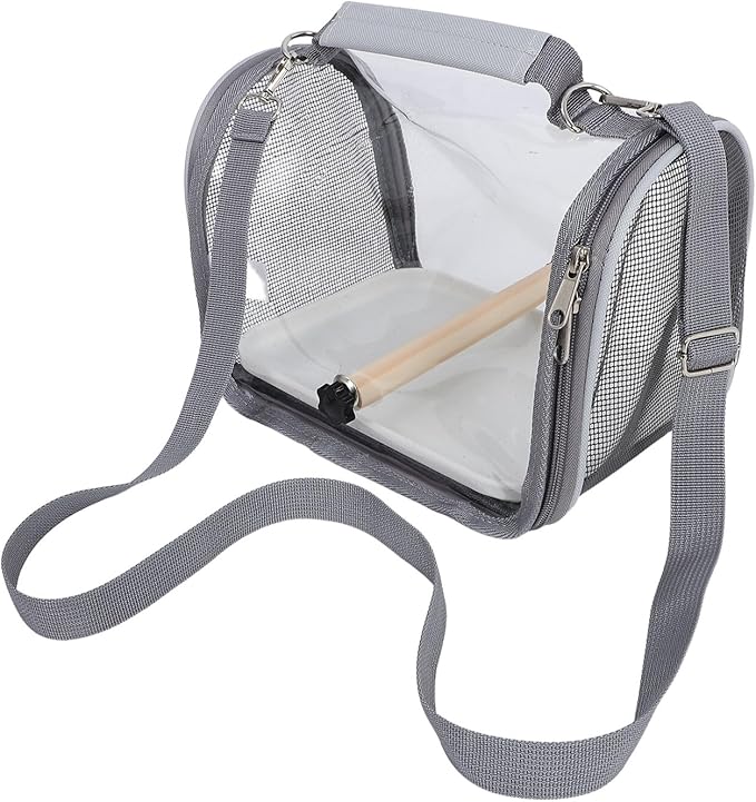 YARNOW Portable Bird Travel Cage Carrier with Wooden Perch, Small Gray Lightweight Outing Bag for Parrots and Lizards, Portable Pet Transport Cage for Vet Visits and Outdoor Trips