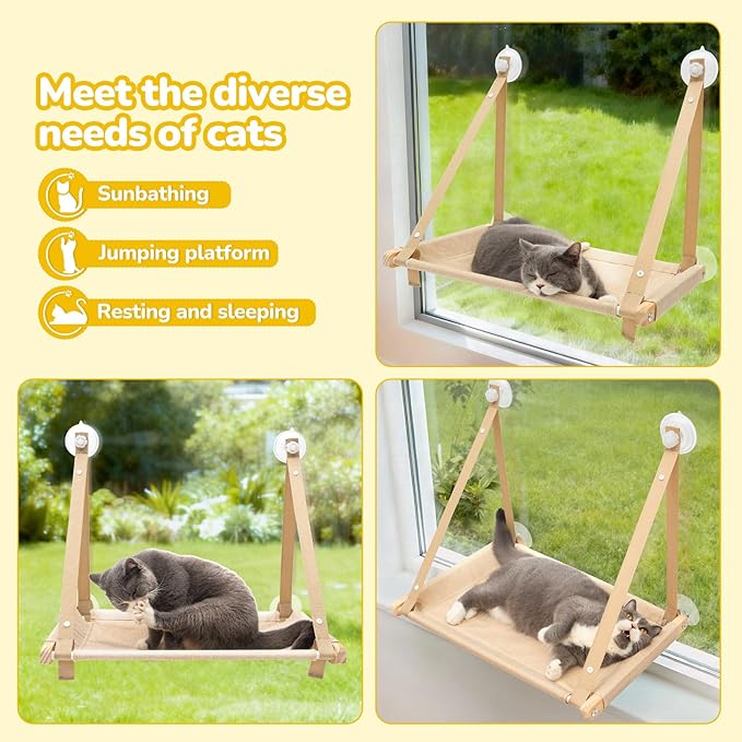 CATISM Cat Window Perch - Cat Hammock for Window, Soft Seat Machine Washable, Solid Wood Frame, 4 Suction Cups, Hammock Bed for Cats Inside(23.43x14.5In) L