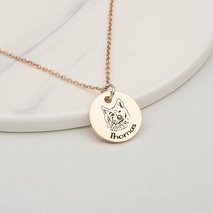 Anavia Personalized Pet Portrait Necklace, Handmade Memorial Jewelry Gift, Custom Round Disc Photo Engraved Necklace for Animal Lovers, Dog Mom, Dog Dad