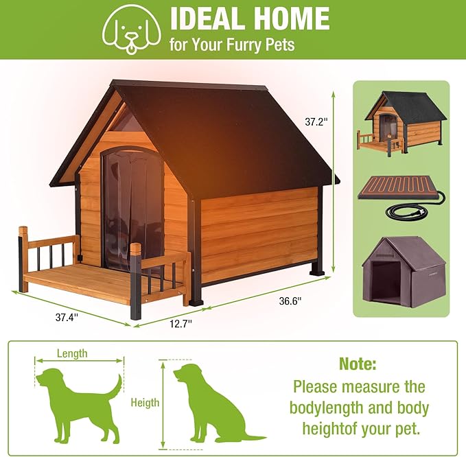 GUTINNEEN Outdoor Heated Dog House Anti-Bite Weatherproof Dog Kennel Puppy Shelter Indoor with Heating Pad, All-Around Insulated Liner and Porch for Large Breed, 45" D x 32.9" W x 32.6" H (Brown)
