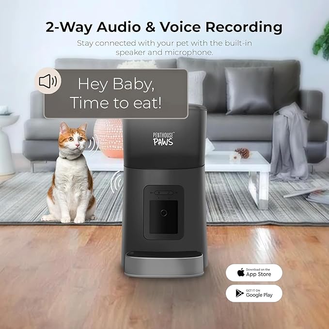 Penthouse Paws Smart HD Automatic Pet Feeder, 6L Dry Food Capacity, 1080p Camera, 2-Way Audio, Scheduled Meals, Backup Power, Easy to Clean, Anti-Jam Design for Cat & Dog, Black/Stainless Steel