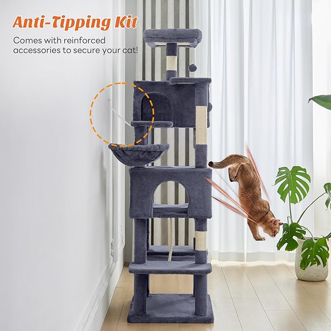 Sweetcrispy 66 Inch Cat Tree Tower, Multi Level Cat Climbing Tower with Natural Sisal Scratching Posts, Hammock, Pet Condo for Indoor Cats and Kittens Play, Dark Grey
