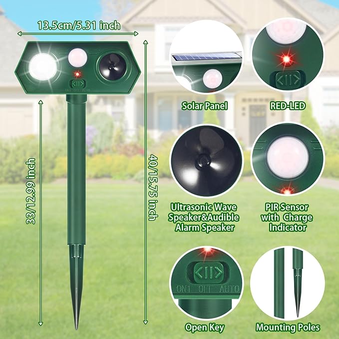 2026 Upgraded Solar Ultrasonic Animal Repellent Cat Deterrent Outdoor Motion Activated with Flash Light Repeller Keep Squirrel Deer Dog Raccoon Skunk Rabbit Away from Yard Garden Lawn 4 Pack