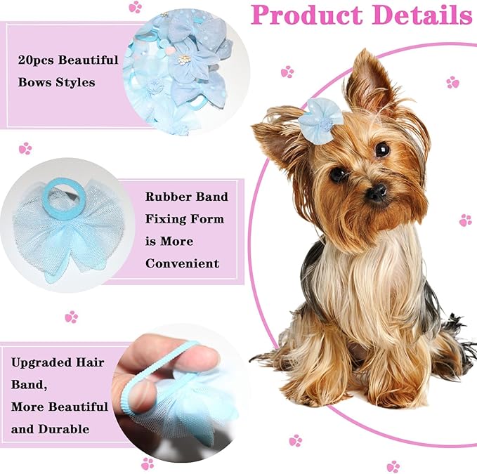 20pcs Handmade Puppy Hair Bows Blue, Cute Bowknot Top Knot with Elastic Bands for Yorkie Grooming