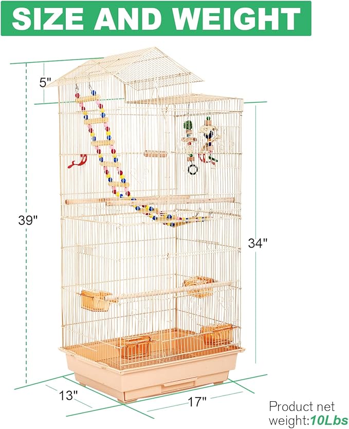HCY Bird Cage 39 Inch Bird Cages for Parakeets Roof Top Large Flight Parrot Cage with Toys for Small Medium Birds,Cockatiel,Parakeets,Parrot,Lovebirds,Finch,Canary Bird Cage(Almond), 17''Lx13''W''39H