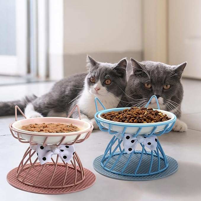 4 Pcs Elevated Pet Food Bowls, Ceramic Cat Plate with Stand Raised Cat Bowl for Indoor Pet, Food and Water Dishes Puppies, with Non-Slip Mat, Whisker Friendly, Dishwasher Safe