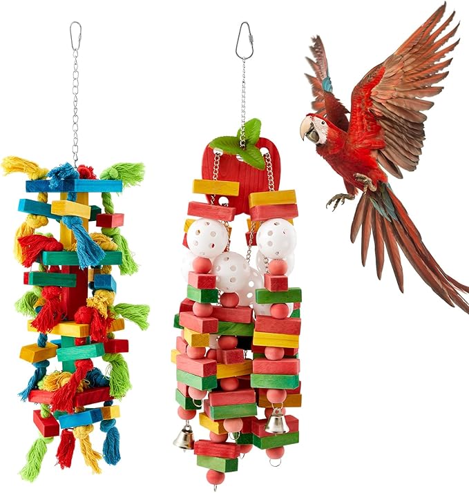 2 Pcs Extra Large Bird Parrot Toy, Multicolored Atural Wooden Bird Chewing Toy Parrot Cage Chewing Toys for Large Medium Macaws Cockatoos African Grey Parrots Birds