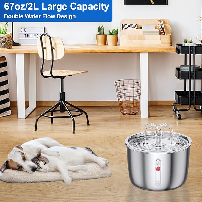 Cat Water Fountain Stainless Steel, 67oz/2L Pet Water Fountain Ultra Quiet Pump Cat Automatic Water Dispenser 3 Flow Modes for Inside Cats Small Dogs Puppies Multiple Pets Watering Supplies