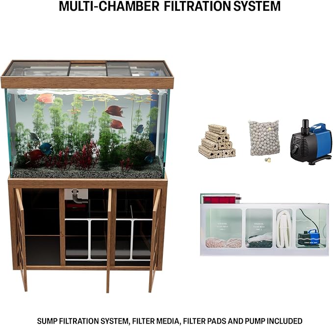 175 Gallon Glass Aquarium with Aluminum Cabinet - Including Sump for Filtration and Circulation, Plumbing, LED, Brown