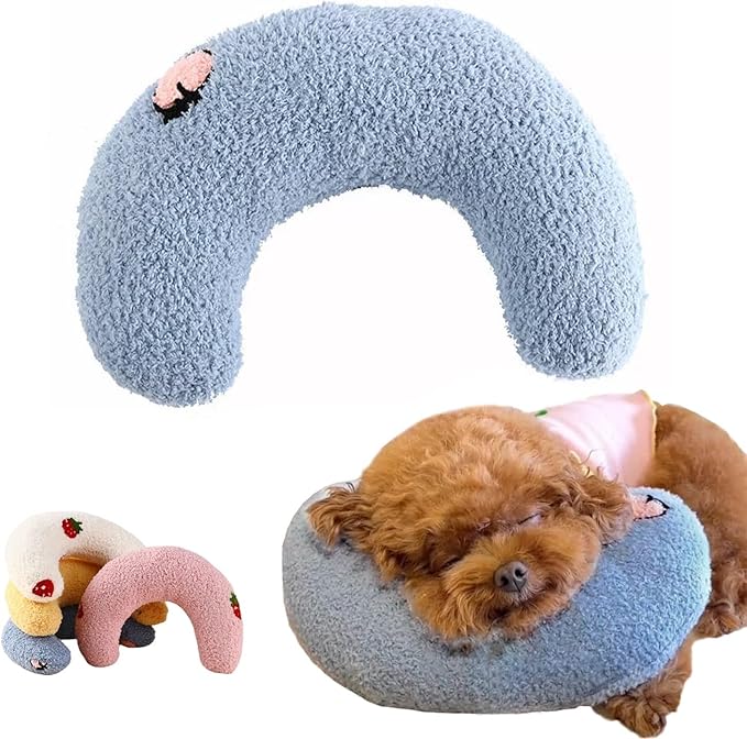 U-Shaped Calming Pillow for Cats and Dogs - Super Soft Plush Fabric, Cozy Headrest, Neck Support for Deep Sleep, Kitten Headrest, Pet Bed (Blue + Pink)