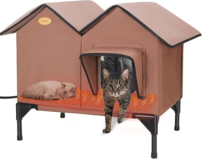 Heated Cat House for Outside Cats in Winter, Large Insulated Heated Outdoor Cat House Weatherproof with Elevated Base & Escape Door, Waterproof Cat Shelter for Multiple Cats Feral Stray Barn Kitty