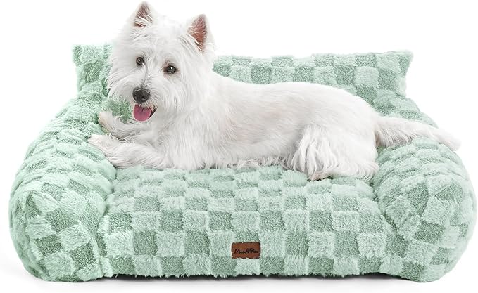 Made4Pets Cat and Dog Indoor Couch Bed, Soft Faux Fur Checkered Pet Sofa, Cozy Fluffy Pet Sofa with Supportive Foam, Removable Washable Cover with Non-Slip Base, Sage Green, Medium