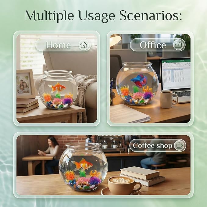 1 Gallon Round Plastic Fish Bowl Set, Crystal Clear Plastic Aquarium for Fish with 5 Decorative Plants and 8.8oz Colorful Stones, Small Fish Tank for Home Decoration