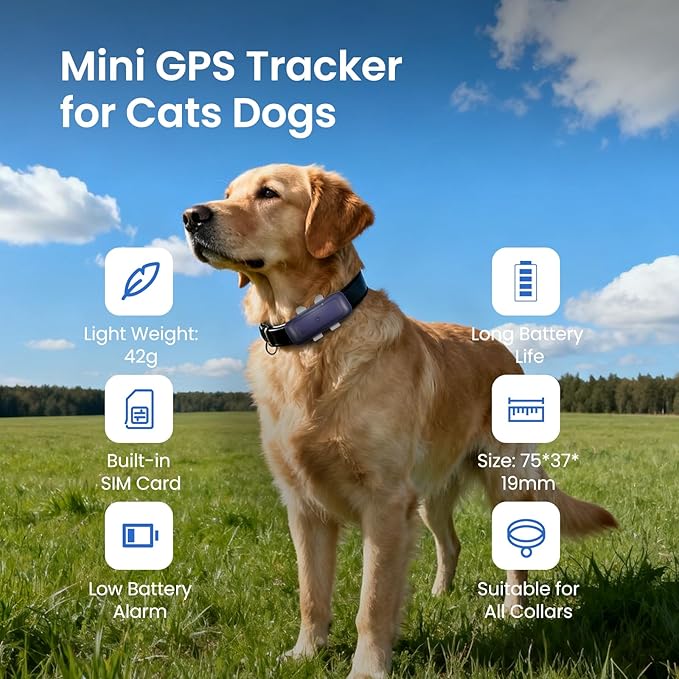 SEEWORLD Cat Tracker Mini GPS Pet Tracker for Dogs Cats Waterproof Real-Time Location Tracker Virtual Fence 180 Days Location History 4G Cat Tracker Device for 6.5lbs+ Pets