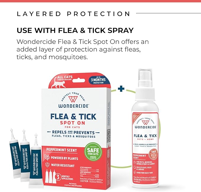 Wondercide - Flea and Tick Cat Spot On - Flea, Tick, and Mosquito Repellent, Prevention for Cats with Natural Essential Oils - Pet and Family Safe Up to 3 Months Protection - 3 Tubes of 0.03 oz