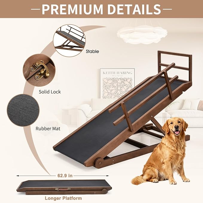 SLSY Dog Ramp for High Beds & Couches, 63" Folding Adjustable Pet Ramp with Non-Slip Rubber Mat, 5 Height Levels (15.7"–31.4"), Portable Dog Stairs for Large Dogs up to 250 lbs, Brown