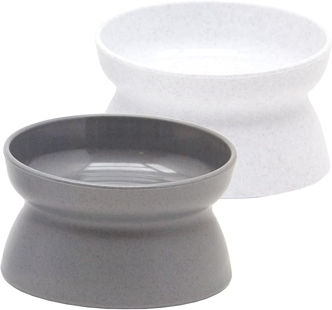 Kitty City Elevated Cat Bowls (Set of 2), Whisker-Friendly Raised Cat Food & Water Dishes, Modern Pedestal Design, Dishwasher Safe, 10.8 oz Each – White & Gray