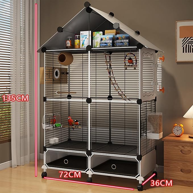 Large Parrot Cage with Acrylic Doors, 4 Casters, Perch & Feeder, Detachable Drawer, Ideal for Cockatiels, Budgies, Conures, Indoor/Outdoor Use – Spacious White Birdcage (Black, 72 * 36 * 135)